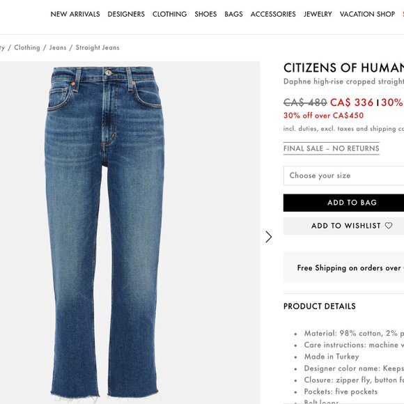 👖 Citizens of Humanity Daphne High-Rise Cropped Straight – Size 26 👖 - Picture 1 of 12